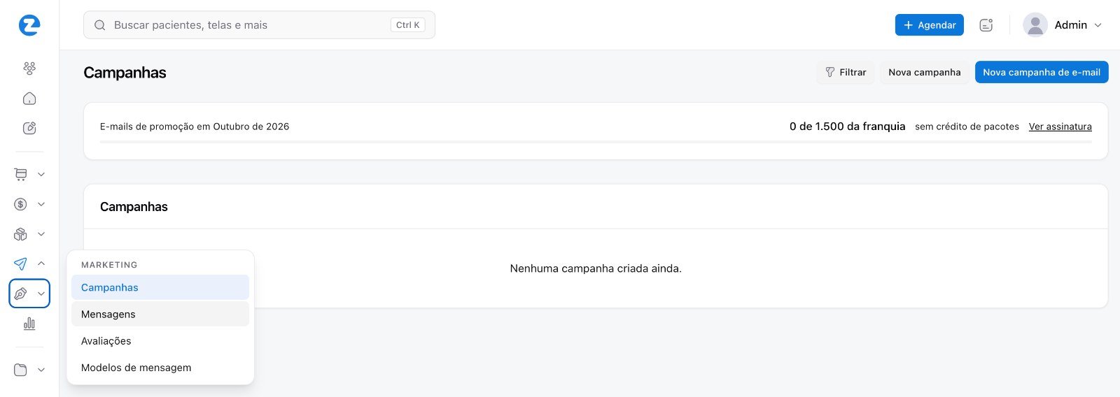 Tela de campanhas com franquia de e-mails e menu de marketing